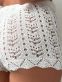 Hollow Drawstring Open Waist Knitted Bikini Blocked Women's Shorts. 