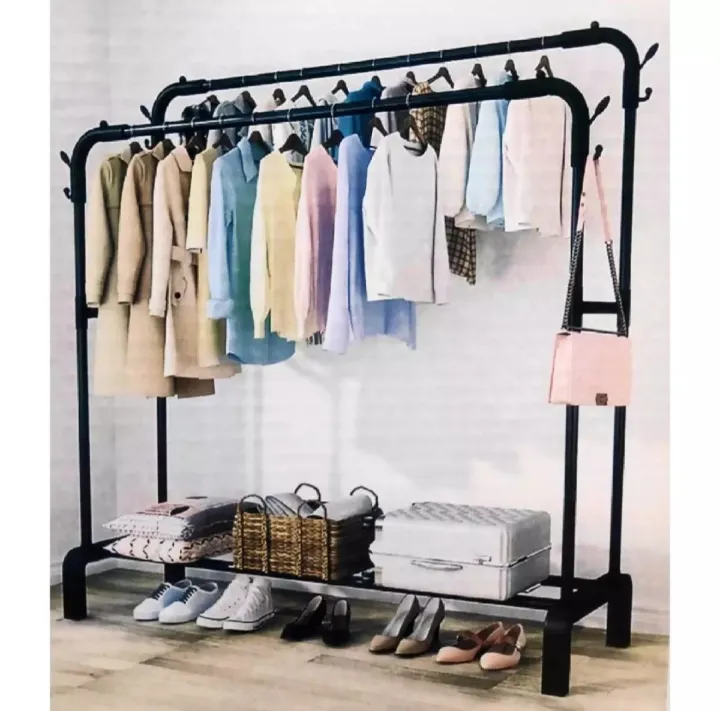 Double Layer Coat Hanging Stand Wardrobe Clothes Hanger Rack (Black ...