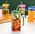 Random Color 400ml Square Glass Mug With Handle, Straw & Lid, Drinking Glass, Adorable Glass Cups with Lids and Straw, Glass Tumbler Coffee Cup Coffee Mug. 