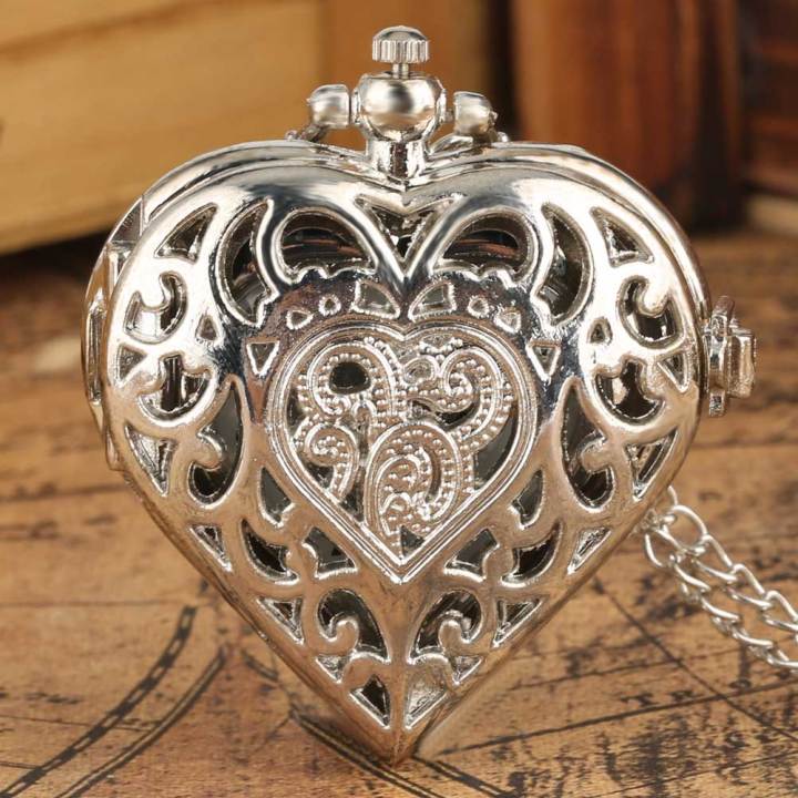 Stylish romantic heart-shaped diamond quartz women's necklace pocket watch souvenir for girls