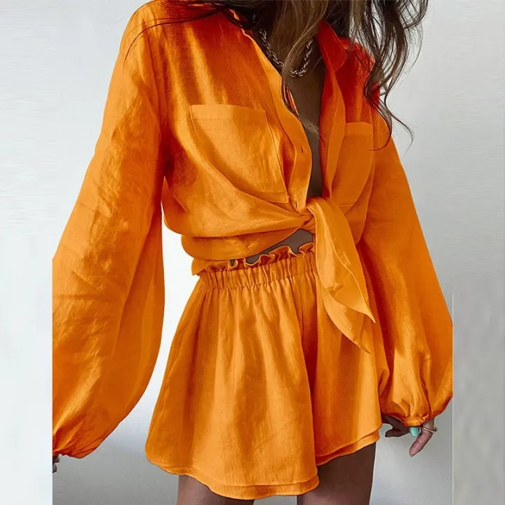 Cakulo%202025%20Women's%20Summer%202-Piece%20Outfit%20Long%20Sleeve%20Button-Down%20Loose%20Blouse%20And%20Shorts%20Sweatsuit%20Set%20Casual%20Comfortable%20Style%20-%20Image%203