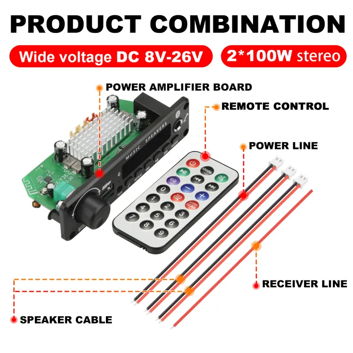 NEW%20200W%20%20Amplifier%20Bluetooth%20DIY%20MP3%20WAV%20Decoder%20Board%20DC%2012V%20100W%20%20Wireless%20Car%20USB%20MP3%20Player%20TF%20Card%20Slot%20USB%20FM%20with%20Mic%20-%20Image%207