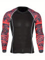 Men's Stylish Wolf Pattern Shirt, Casual Breathable Crew Neck Quick Dry Moisture Wicking Long Sleeve Tee Top For Hiking Jogging.