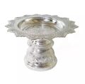24 Cm. Thai Sliver Coated Aluminum Traditional Tray With Pedestal For Worship (Tika Thali). 
