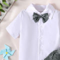 6-to 36-month-old newborn baby boys summer white lapel cardigan short-sleeved tie with plaid suspenders shorts gentleman suit. 