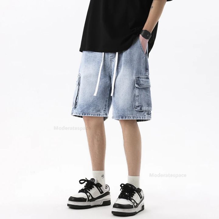 Summer%20Retro%20Fashion%20Denim%20Shorts%20for%20Men%20Loose%20Straight%20Leg%20Multi-pocket%20Short%20Jeans%20With%20Elastic%20Waist%20and%20Drawstring%20Male%20-%20Image%204