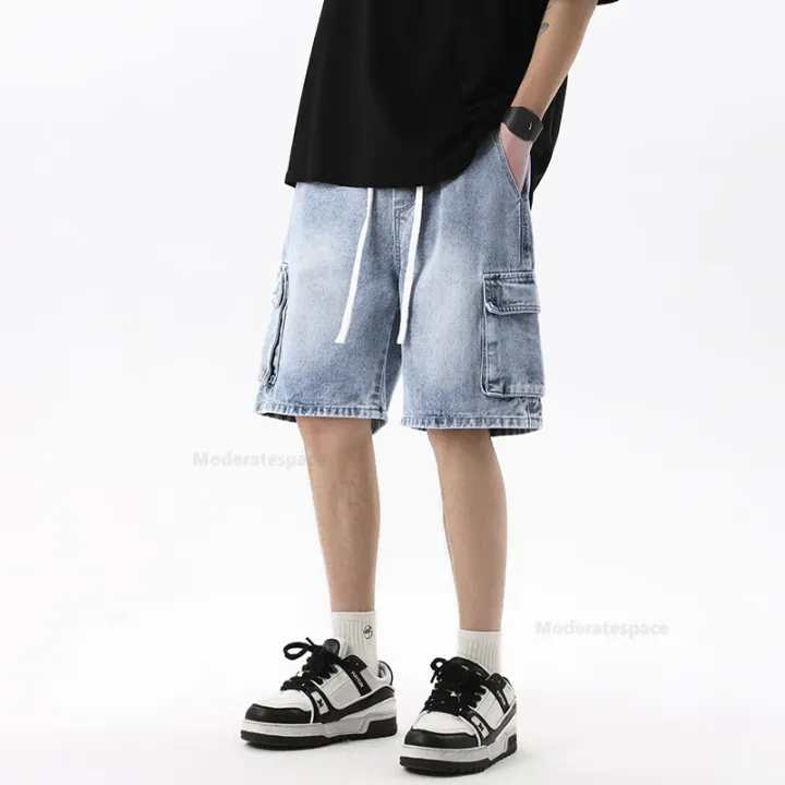 Summer%20Retro%20Fashion%20Denim%20Shorts%20for%20Men%20Loose%20Straight%20Leg%20Multi-pocket%20Short%20Jeans%20With%20Elastic%20Waist%20and%20Drawstring%20Male%20-%20Image%204