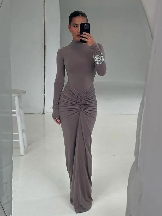 Weird Puss Hipster Ruched Dress Women O-Neck Full Sleeve Skinny Stretch Robe Autumn Trend Simple Classic Pleats Long Bodycon