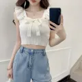 Korean Version Square Neck Bow Tie Slim Fitting Vest With Fashionable Exposed Navel And Sweet Versatile Knitted Sleeveless Vest. 