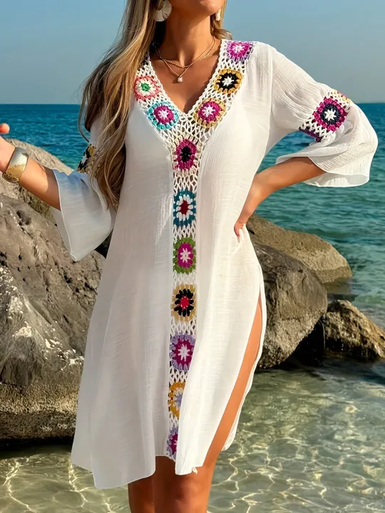 Fashion%20Style%20Hand%20Crochet%20Flower%20Block%20Beachwear%20Cover%20Up%20Beach%20Holiday%20Casual%20See-Through%20Dress%20Breathable%20Sunscreen%20Smock%20-%20Image%203