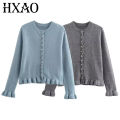 HXAO Sweater Cardigans Ruffle Long Sleeve Knitted Cardigan For Women Autumn Bolero Knitwears Button-Down Bluey Gray Cardigan. 