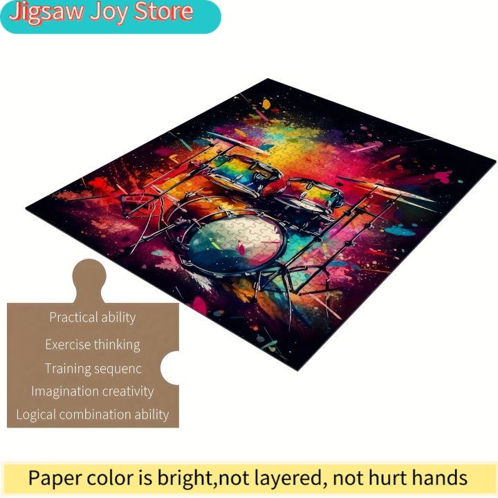 Wooden Jigsaw Puzzle for & Families - Colorful Drum Rhythm Design, Intermediate Challenge with Vibrant Splash Art, Portable &