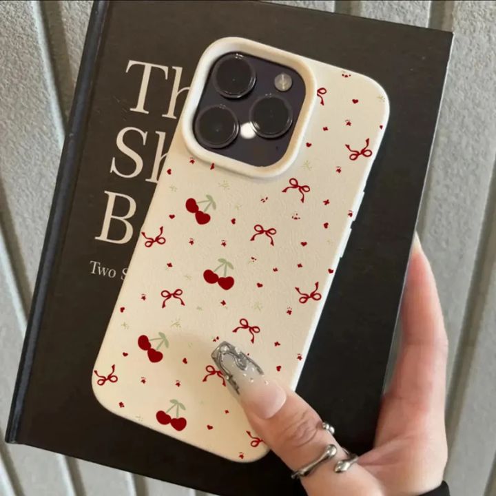 For iPhone 16 15 14 13 12 11 Pro Max Case Cherry Bow Lichee Pattern Silicone Phone Cover For iPhone XS Max 14 15 16 Plus Fundas