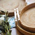 Rattan Tray Round Storage Basket Tray With Wooden Handle Bread Fruit Cake Food Plate Serving Tray for Home kitchen. 