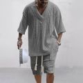 Men Shorts Set Summer Casual Knitted Two Piece Men's Clothing V-Neck Short Sleeve T-shirt and Shorts Streetwear Knit Outfits. 
