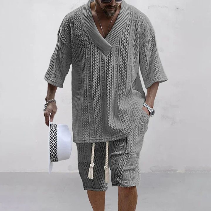 Men%20Shorts%20Set%20Summer%20Casual%20Knitted%20Two%20Piece%20Men's%20Clothing%20V-Neck%20Short%20Sleeve%20T-shirt%20and%20Shorts%20Streetwear%20Knit%20Outfits%20-%20Image%206
