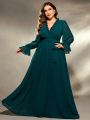 Mgiacy plus size V-neck irregular cross folding wood ear lace chiffon long sleeve dress Evening gown Ball dress Party dress.