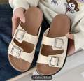 Women’s Slip-On Sandals – Double Buckle, Cushioned Sole, Casual Summer Footwear (Black, White, Brown). 