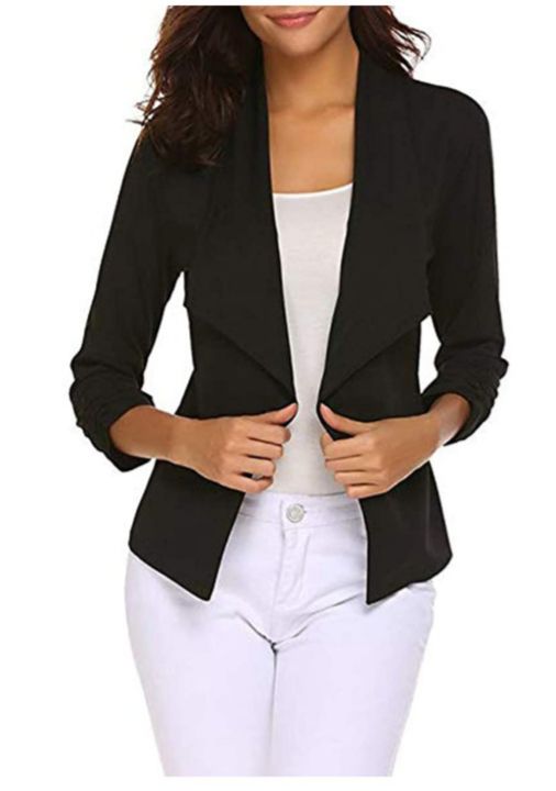 Womens%20Blazer%20Casual%20Open%20Front%20Work%20Office%20Blazer%20Jacket%203/4%20Sleeve%20Lapel%20Coats%20with%20Removable%20Shoulder%20Pads%20-%20Image%203
