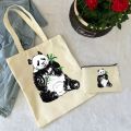 2 Pcs Cute Panda Ladies Handbag Cosmetic Bag Fashion Canvas Shoulder Bag Eco-friendly Large Capacity Shopping Bag Wallet. 