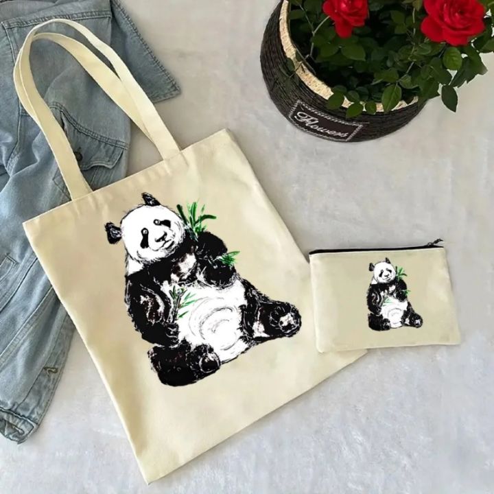 2%20Pcs%20Cute%20Panda%20Ladies%20Handbag%20Cosmetic%20Bag%20Fashion%20Canvas%20Shoulder%20Bag%20Eco-friendly%20Large%20Capacity%20Shopping%20Bag%20Wallet%20-%20Image%203