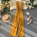 Spring New Jumpsuit Women Hollow Backless Sleeveless Lace Spell Receiving Waist Wide Leg Pants Overalls for Women Bodysuit. 