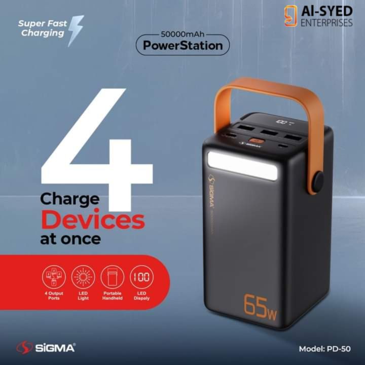 SIGMA.PD.50 , 50,000 mAH POWER BANK FOR LAPTOP , MOBILES EVERY THING PD+QC + LED DISPLAY + LED TORCH + 65W ! 50K mAH POWER STATION , THE BOSS OF POWER BANK !
