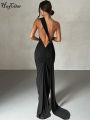 Hugcitar One Shoulder Backless Adjustable Scarf Loop Ruched Maxi Dress Women Elegant Y2K Streetwear Festival Outfit.