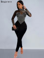 Beyprern Women's Sheer Mesh Crystal Jumpsuits One Piece Outfits Glam Fitted Long Sleeve Pearls Rhinestone Rompers Club Overalls. 