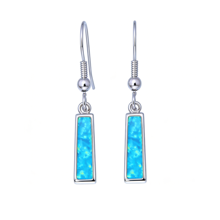 Blue Opal Dangle Earrings for Women,Rectangular Sapphire Blue stone & White K Plated Setting,Hypoallergenic Geometric Minimalist