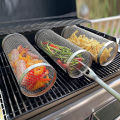 BBQ Basket Stainless Steel Rolling Grilling Basket Wire Mesh Cylinder Grill Basket Portable Round Outdoor Camping Barbecue Rack. 