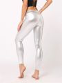 Bright leather nine-point pants high spring silver imitation leather fashion solid color leggings PU leather pants for women. 