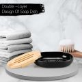 4-piece black bathroom accessories set, plastic toothbrush holder with bamboo cover, toothbrush cup, lotion dispenser, soap box. 