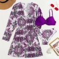 Swim Summer Beach Tropical Print Mesh Bikini Set Cross Wrap Push Up Bra Top 3 Pieces Bikini. 