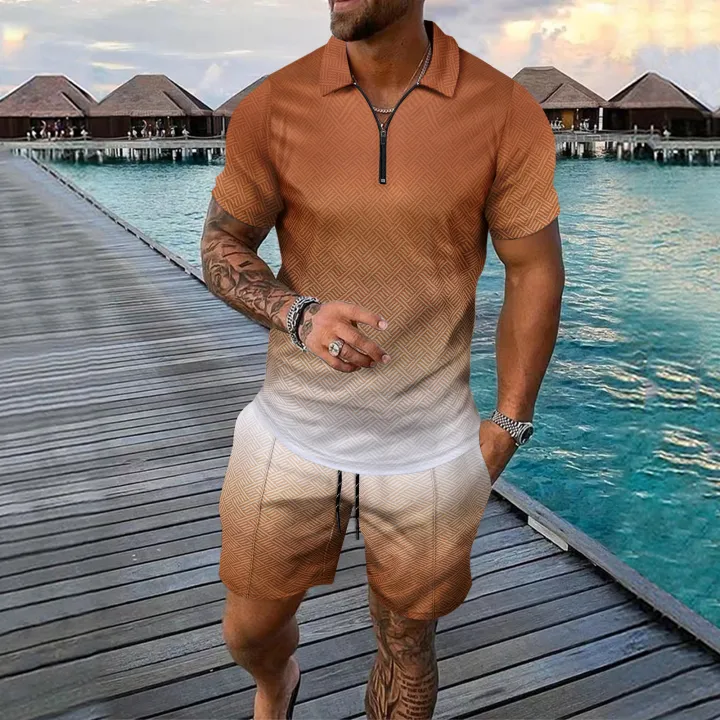 Interesting%20Men's%20Short%20Sleeved%20Set%203D%20Checkered%20Printed%20Fashionable%20Zipper%20Polo%20Shirt%20Suit%20Loose%20Summer%20T-shirt%20Set%20Ropa%20Hombre%20-%20Image%203