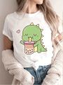 Cute Little Dinosaur Print Crew Neck Short Sleeve Casual T-shirt Women's Clothing Women's Harajuku Short Sleeve Casual Aesthetic. 