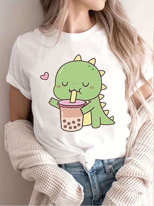 Cute%20Little%20Dinosaur%20Print%20Crew%20Neck%20Short%20Sleeve%20Casual%20T-shirt%20Women's%20Clothing%20Women's%20Harajuku%20Short%20Sleeve%20Casual%20Aesthetic%20-%20Image%202