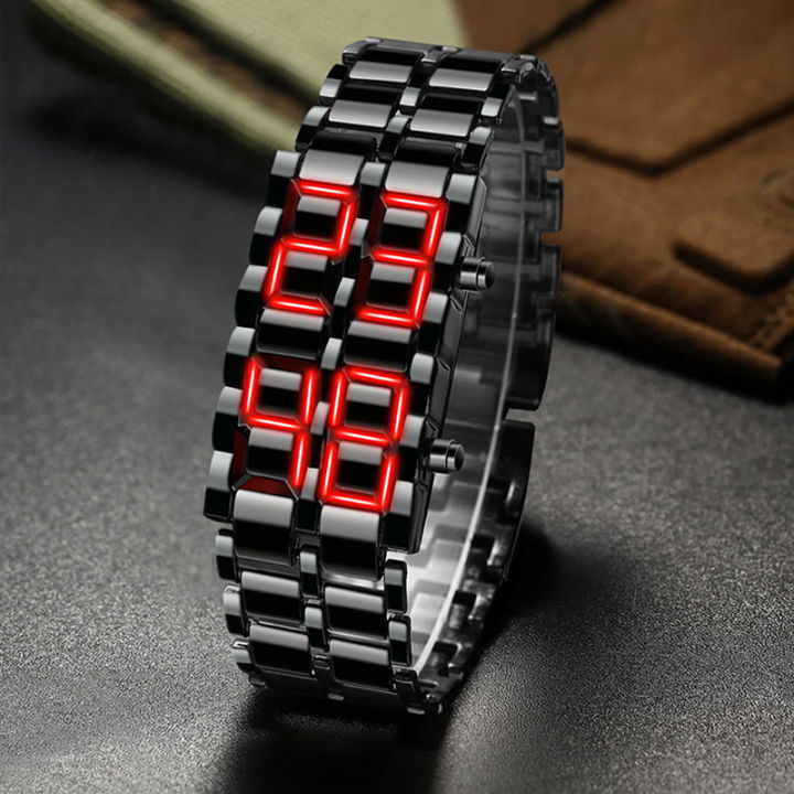 Fashion Mens Digital Lava Wrist Watch Men Black Full Metal Red Blue LED Display Watches  for Male Boy Sport Creative Clock