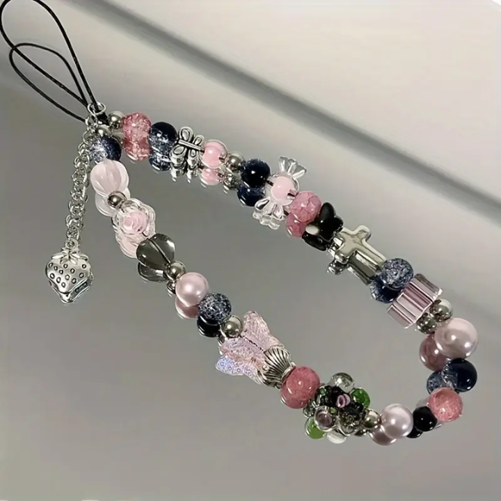 Korea Cute Black Beaded Phone Chain Cross Butterfly Charm Lanyard Phone Chain For Accessories Jewelry Strawberry Pendant Gifts