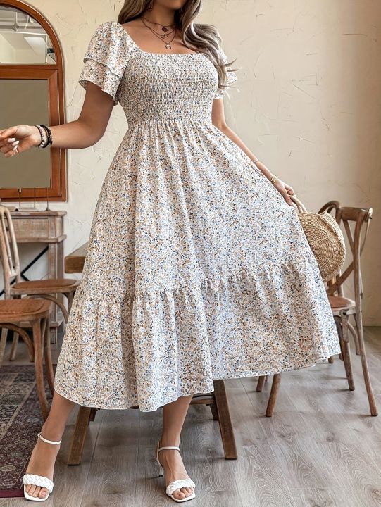 Plus Size Romantic Floral Print Square Neck Elastic Waist A-Line Hem Sleeve Long Dress for Women Holiday Casual Dress