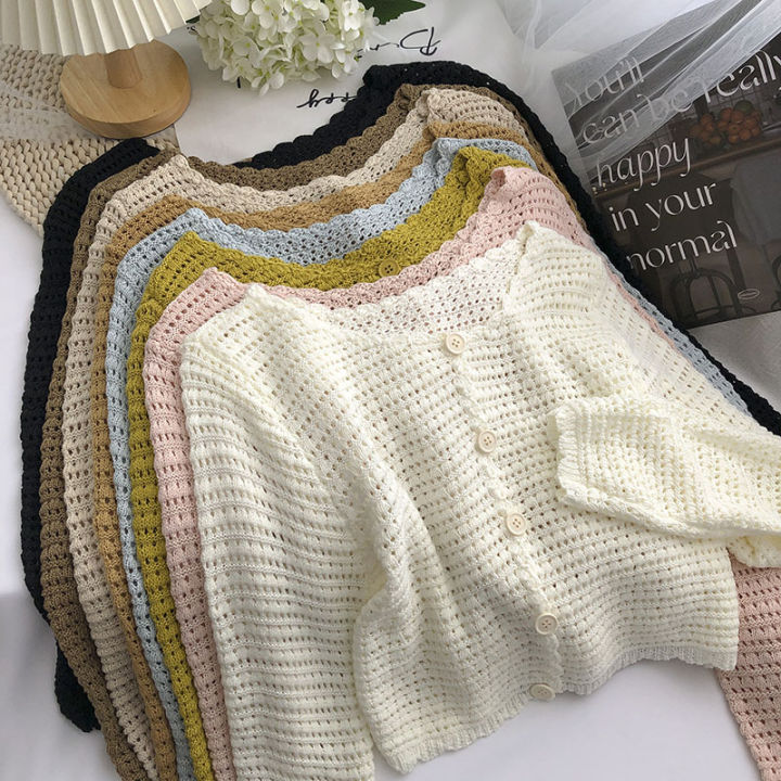 Crochet Cardigan for Women Sheer Openwork Knit Long Sleeve Button Up Crop Top Teen-girl Shrug Cardigan Autumn Spring Y2K Outfit