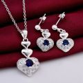 Cute Pure 925 Sterling Silver Wedding Jewelry Romantic Blue Zircon Crystal Heart Pendant Necklace Earrings Fashion  Set. 