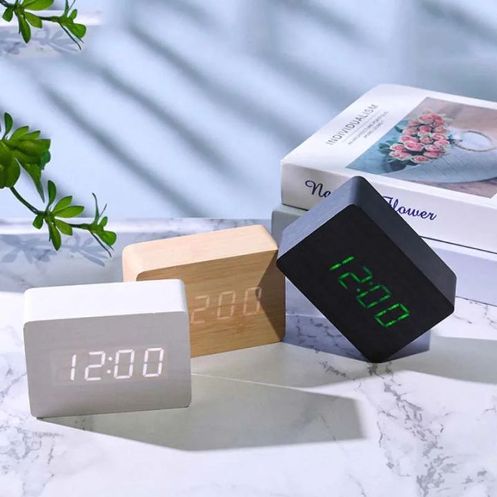 LED Wooden Alarm Clock Watch Table Voice Control Digital Wood