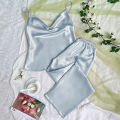 Solid Satin Pajama Set Draped Collar Cami Top Elastic Waistband Pants Women's Sleepwear Loungewear.