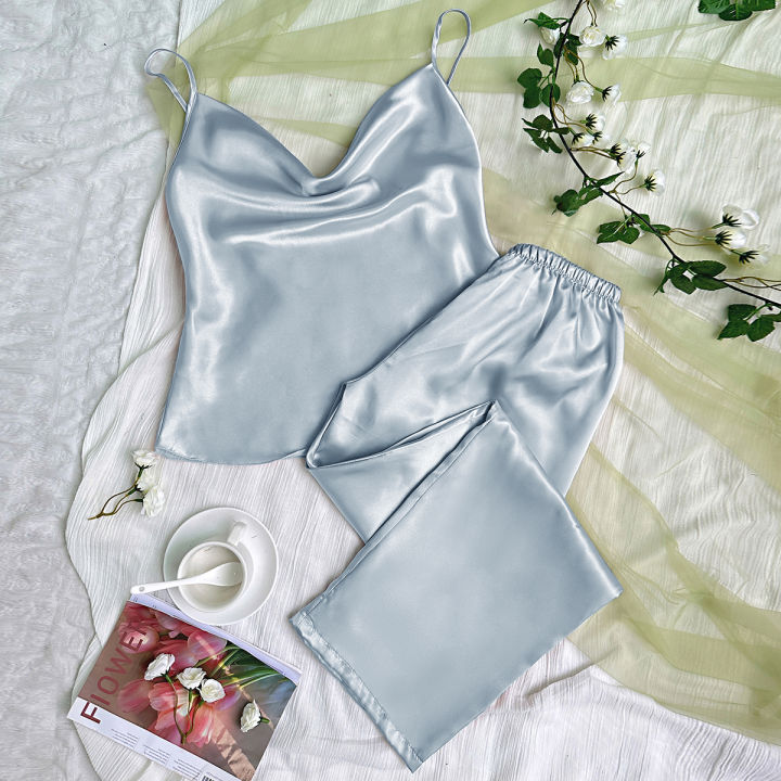 Solid%20Satin%20Pajama%20Set%20%20Draped%20Collar%20Cami%20Top%20%20Elastic%20Waistband%20Pants%20Women's%20Sleepwear%20%20%20Loungewear%20-%20Image%205