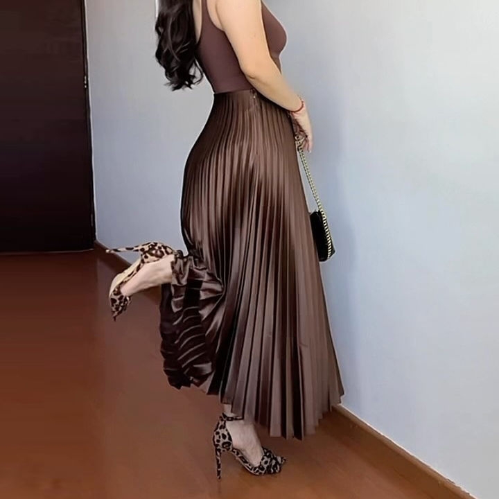 HXAO%20Women's%20Pleated%20Skirt%20Summer%20Brown%20Ruffle%20Skirt%20Cylinder%20Pleats%20Mid%20Waist%20Midi%20Skirt%20Fashion%20Elegant%20Women%20Long%20Skirt%202025%20-%20Image%206