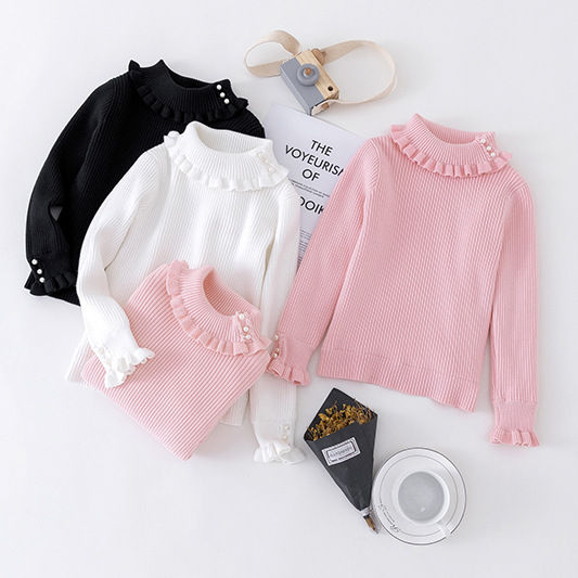 Girls Sweater Children Long Sleeve Jumper Winter Warm Knit New Baby Solid Colour High Neck Pullover Autumn Casual Sweet Bottom