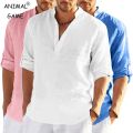 New Men's Linen Long Sleeve T Shirt Solid Color Loose Casual Breathable Shirt Cotton Mens Shirts Designer Lightweight Streetwear.