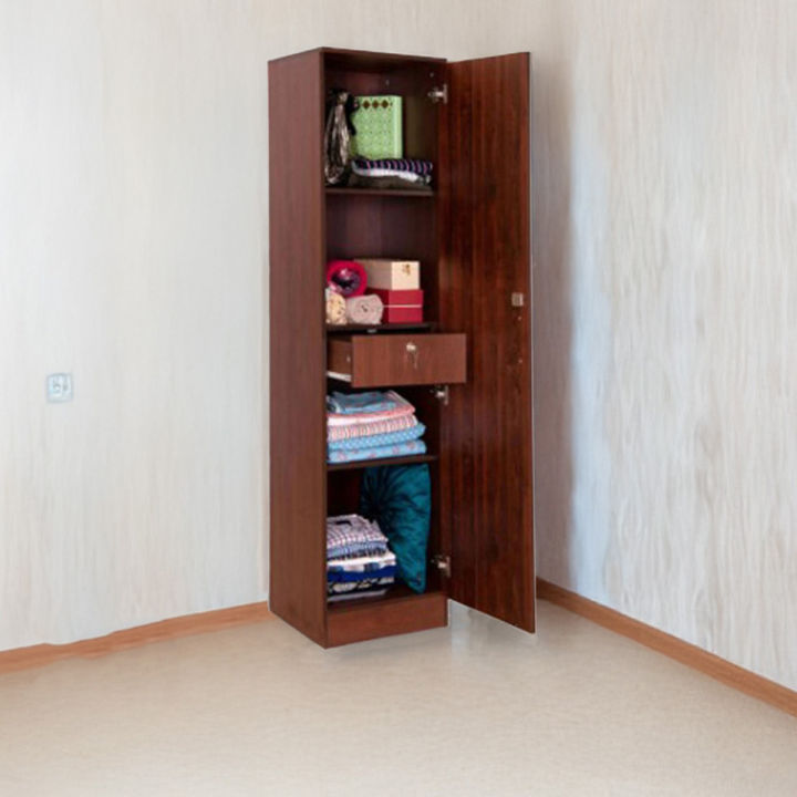 One Door Almirah with inner Locker Drawer / Particle MDF Laminated Board walnut Finish Cloth Storage Wardrobe Almirah by Furnisha Decor