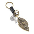 Fashion metal leaf pendant men keychains leather key ring. 